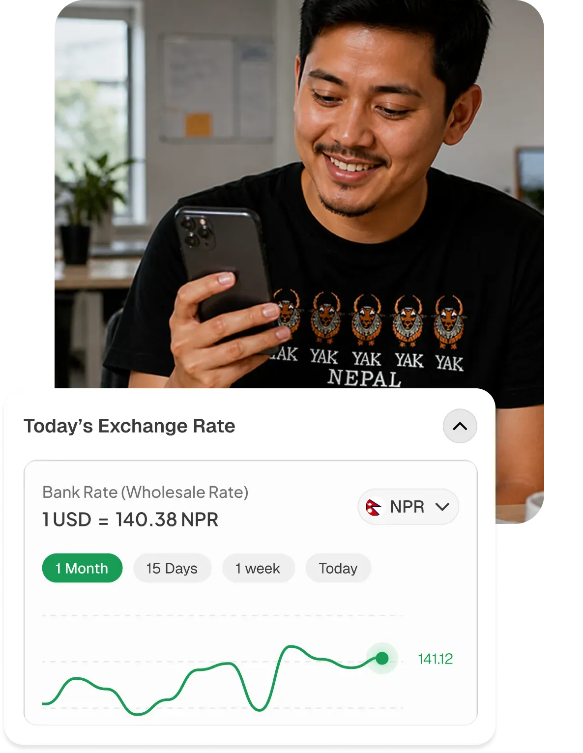 Man smiling while using the Xuno app on his phone, next to a Xuno virtual account card