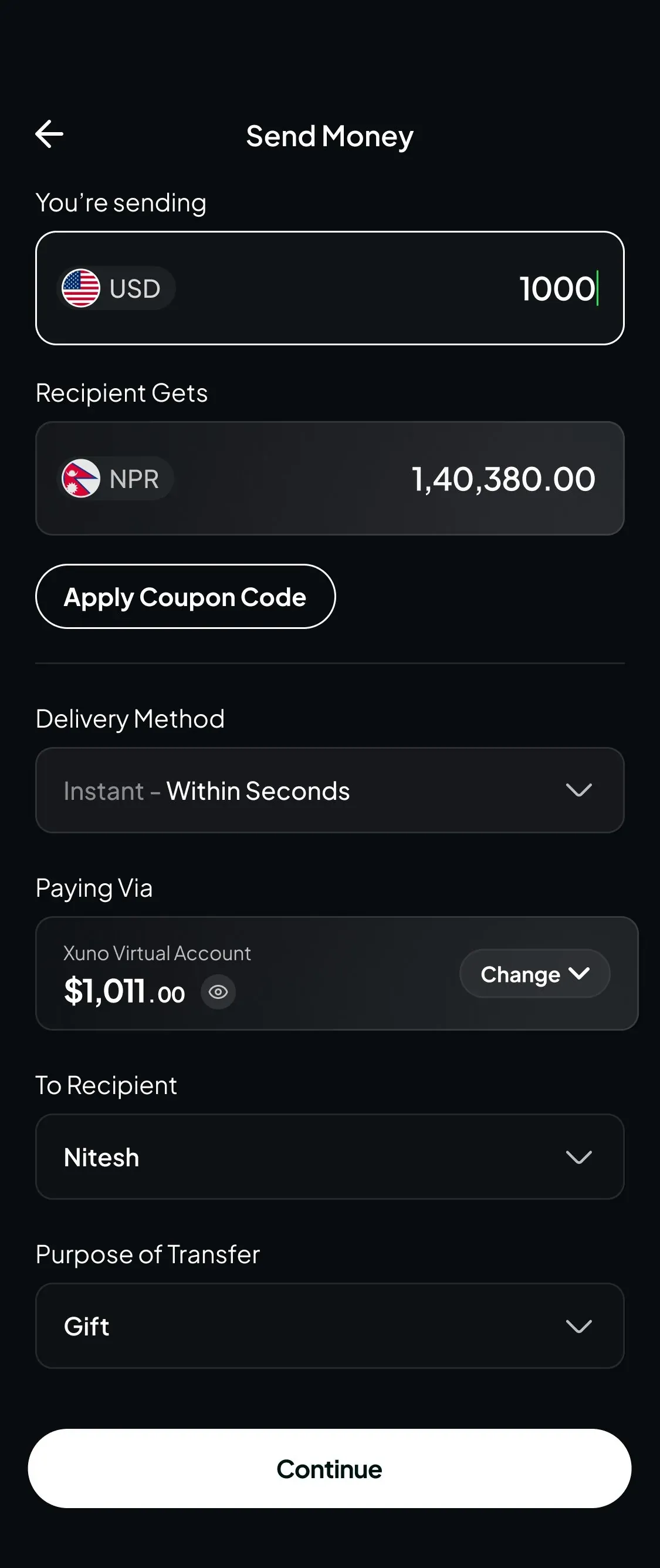 Send money screen converting USD to NPR with delivery method and recipient
